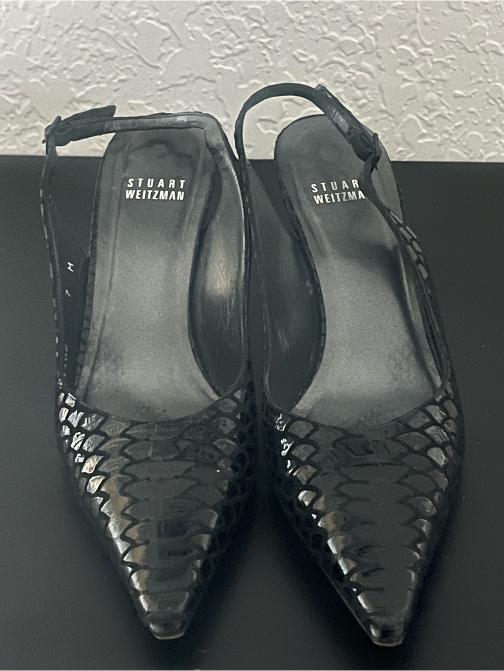 Stuart Weitzman Black Snake-Embossed Pointed Slingback Pumps